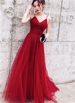 Picture of Wine Red Color Simple Low Back Straps Tulle Prom Dresses, Dark Red Color Formal Dresses Party Dresses